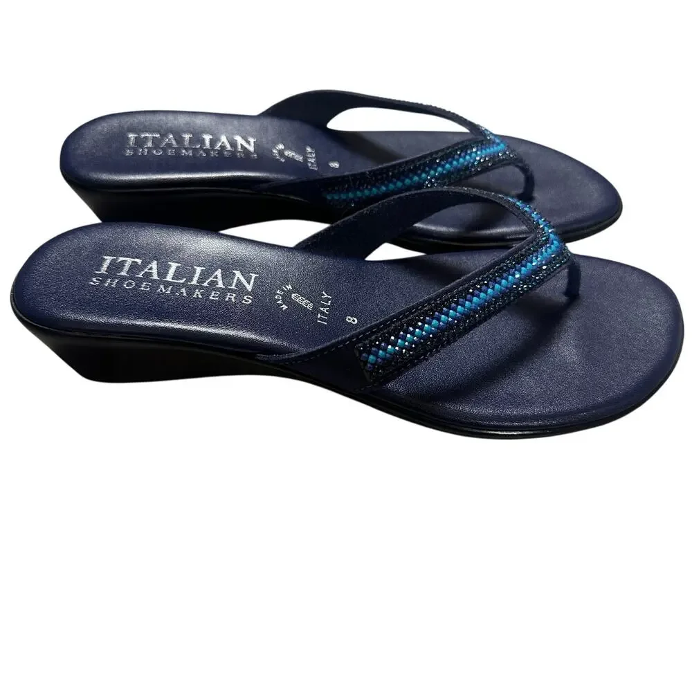 Italian Shoemakers Blue Leather and Rhinestone Wedge Sandals - Picture 3 of 6